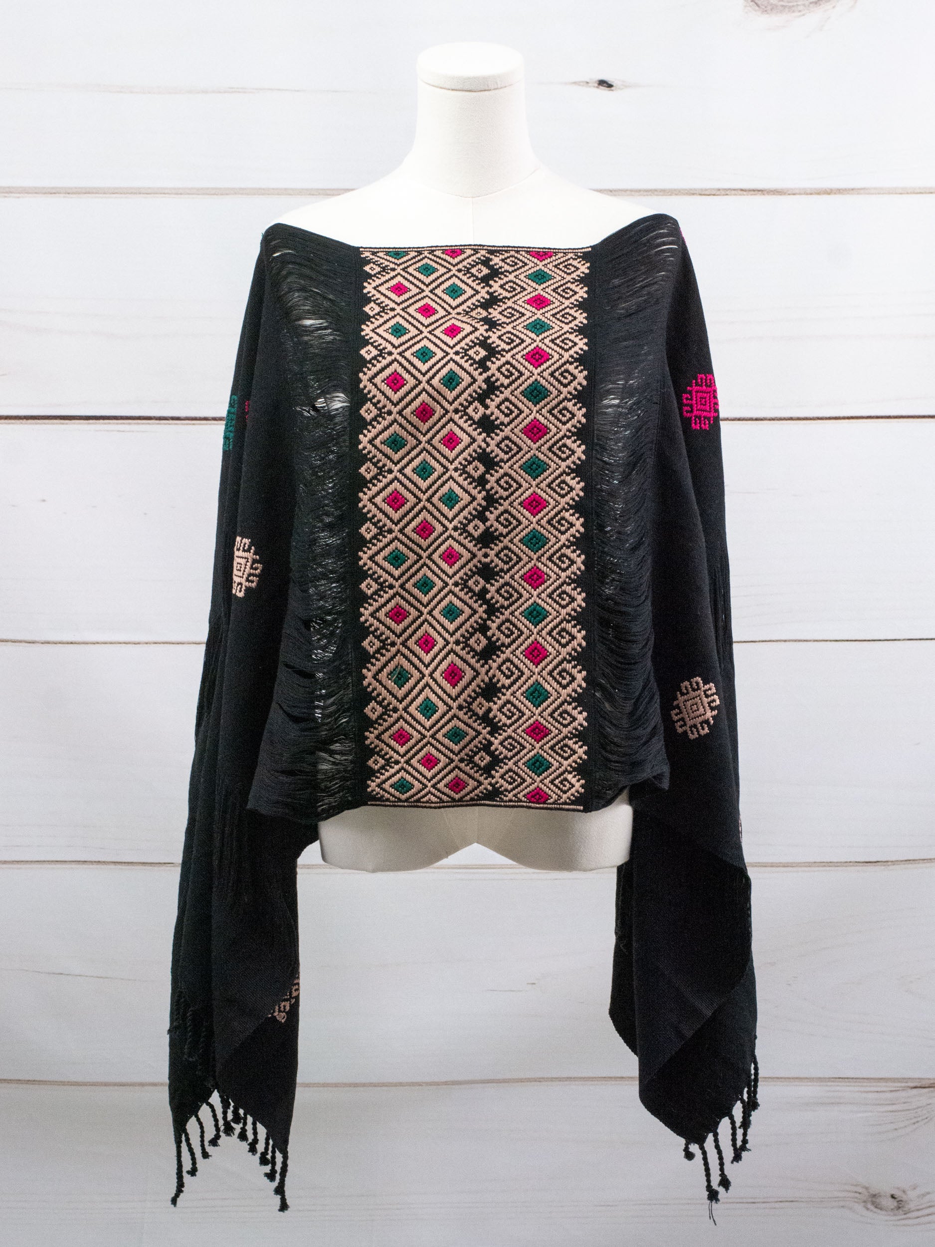 Poncho largo tres líneas deshiladas Chiapas