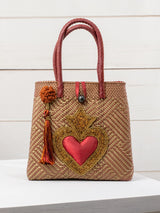 Bolsa artesanal corazón milagro mediana con pompón de flor